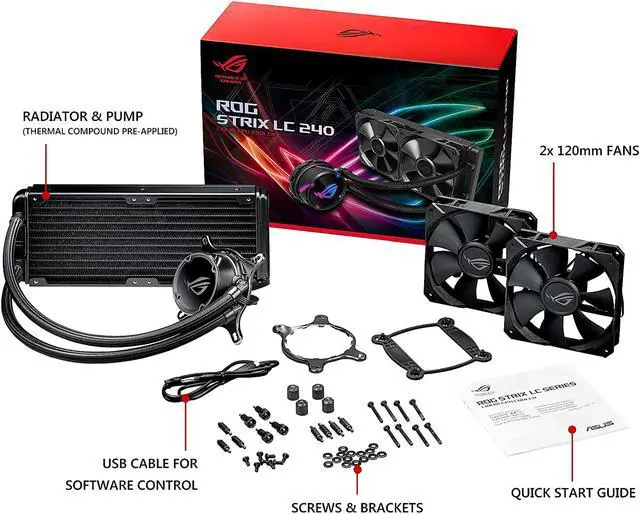 Alt view image 7 of 7 - ASUS ROG Strix LC 240 RGB All-in-one Liquid CPU Cooler 240mm Radiator, Intel 115x/2066 and AMD AM4/TR4 Support, Dual 120mm 4-pin PWM Addressable RGB Fans LGA 1700 Compatible