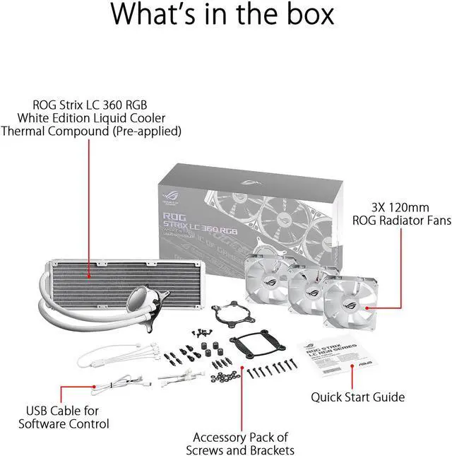 Alt view image 11 of 11 - ASUS ROG Strix LC 360 RGB White Edition All-in-one Liquid CPU Cooler with Aura Sync RGB, and Triple ROG 120mm Addressable RGB Radiator Fans LGA 1700 Compatible
