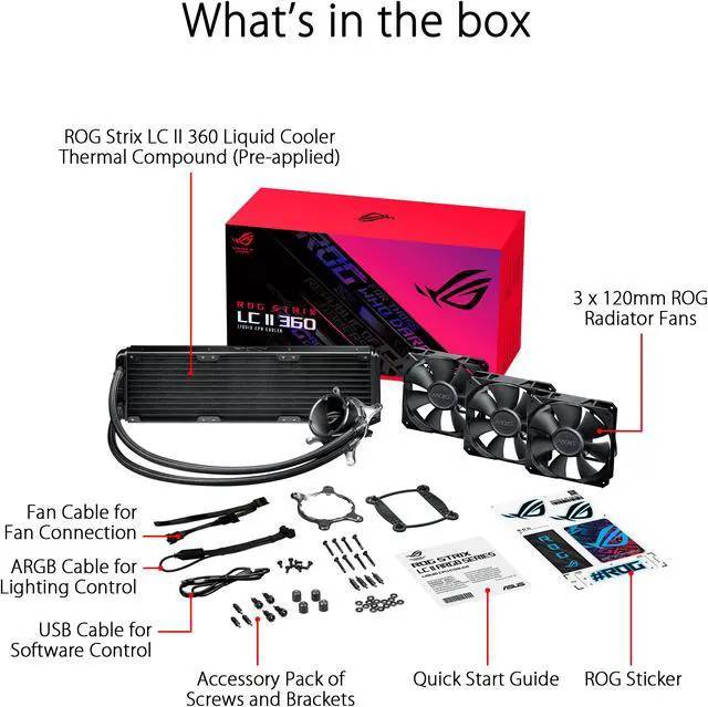 Alt view image 6 of 6 - ROG Strix LC II 360 All-in-one Liquid CPU Cooler with Aura Sync, Intel LGA 1150/1151/1155/1156/1200/2066 and AMD AM4/TR4 Support and Three ROG 120 mm Radiator Fans