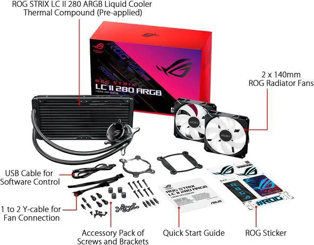 Alt view image 5 of 5 - ASUS ROG Strix LC II 280 ARGB all-in-one liquid CPU cooler(AIO) with Aura Sync, AMD AM4/TR4, and Intel LGA 1150/1151/1155/1156/1200/2066 support, dual ROG 140 mm addressable RGB radiator fans
