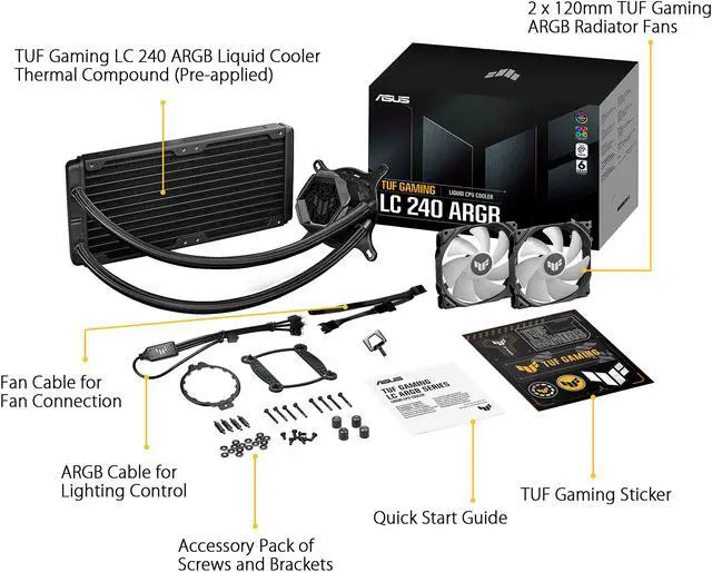 Alt view image 4 of 4 - ASUS TUF Gaming LC 240 ARGB all-in-one liquid CPU cooler (Aura Sync, dual TUF 120mm ARGB radiator fans with fan blade groove design)