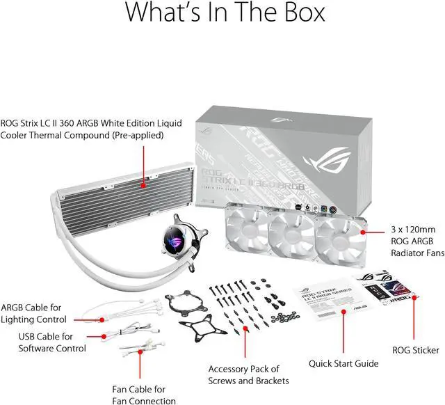 Alt view image 4 of 5 - ASUS ROG Strix LC II 360 ARGB White Edition All-in-one AIO Liquid CPU Cooler 360mm Radiator, Intel LGA1700, 115x/2066 and AMD AM4/TR4 Support, Triple 120mm 4-pin PWM Addressable RGB Radiator Fans