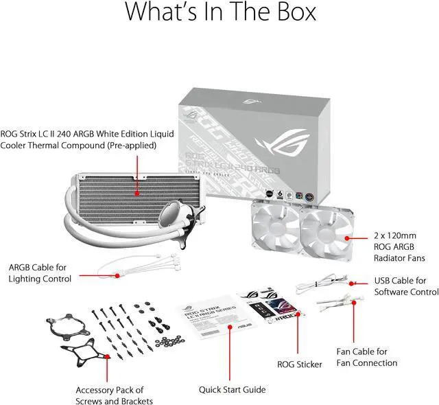 Alt view image 5 of 5 - ASUS ROG Strix LC II 240 ARGB White Edition All-in-one AIO Liquid CPU Cooler 240mm Radiator, Intel LGA1700, 115x/2066 and AMD AM4/TR4 Support, 2X 120mm 4-pin PWM Addressable RGB Radiator Fans