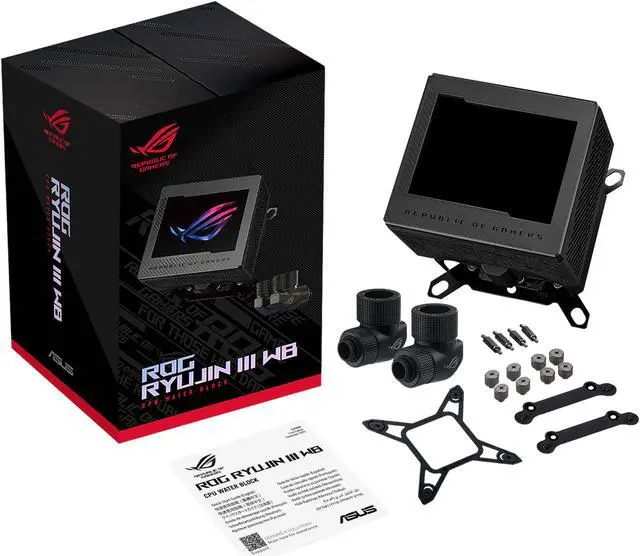 Main image of ASUS ROG RYUJIN III WB CPU Water Block - Intel LGA 1700, 1200, 115X - AMD Socket AM4, AM5 - Asetek Copper Cold Plate - Black - 178 Micro-Cooling Fins - 3.5 Inch Full Color LCD Display - Embedded VRM Fan - ROG Fittings