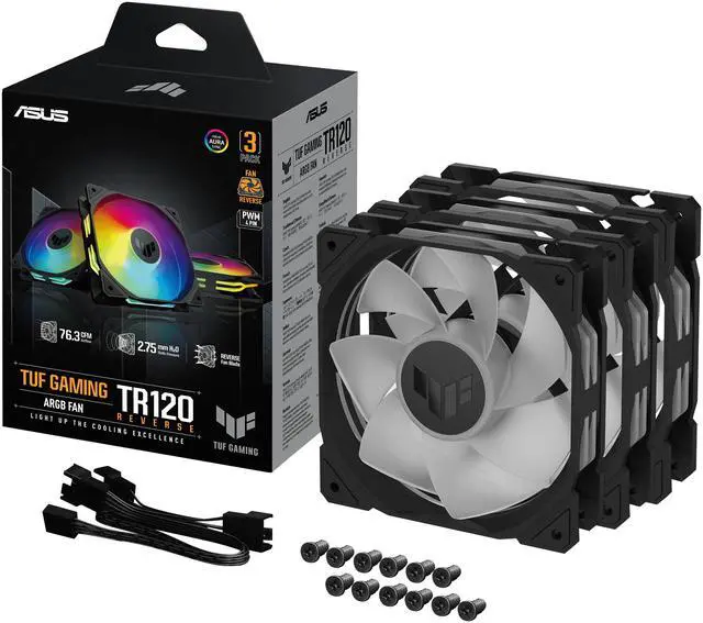 Main image of ASUS TUF Gaming TR120 ARGB Reverse Fan - Black - Triple Pack Higher Cooling Performance Extra-thick 28mm Fan Frame, Exclusive Double-Layered LED Matrix Design with 16 Addressable RGB LEDs, Aura Sync