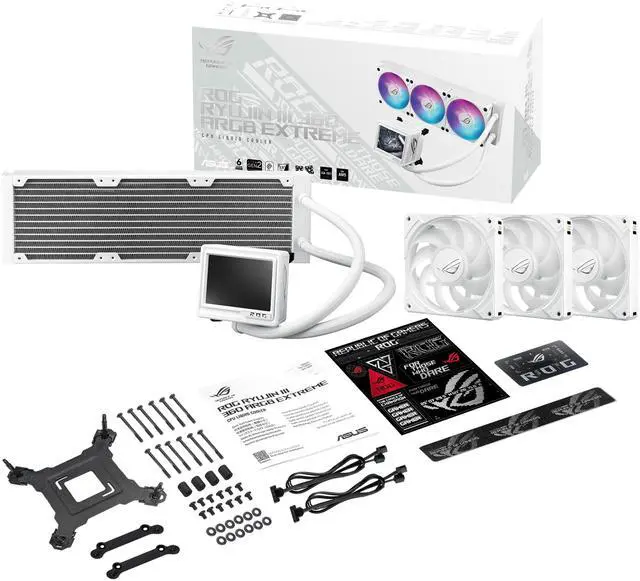 Alt view image 14 of 16 - ASUS ROG RYUYJIN III 360 ARGB EXTREME White Edition all-in-one AIO CPU liquid cooler, AMD Ryzen 9000 & Intel® Core™ Ultra Ready, Asetek Gen8 V2 pump; high airflow & static pressure magnetic fans; customizable 3.5" LCD