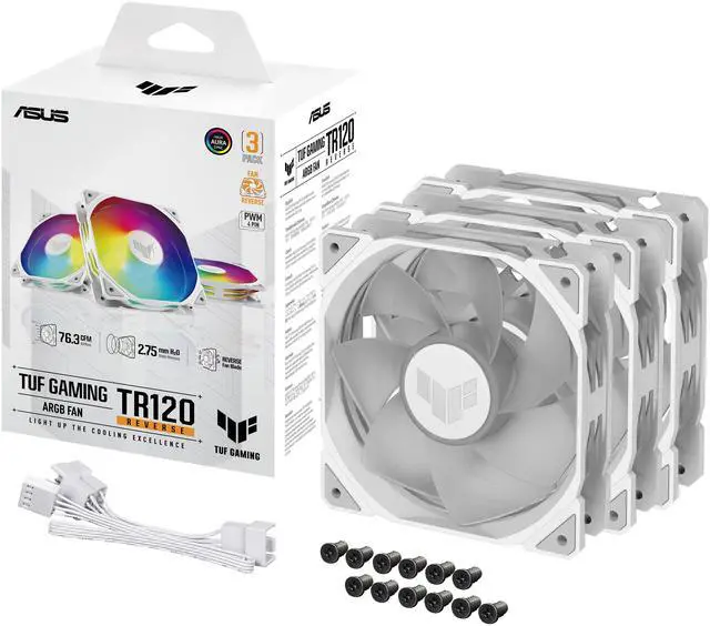 Alt view image 9 of 9 - ASUS TUF Gaming TR120 120mm ARGB White Reverse Fan Blade Triple Pack 28mm Fan Frame, 2.75mm H2O Static Pressure, 76.3 CFM Airflow, Double-layer LED Array, Flexible Side Pattern, Aura Sync, PWM fan