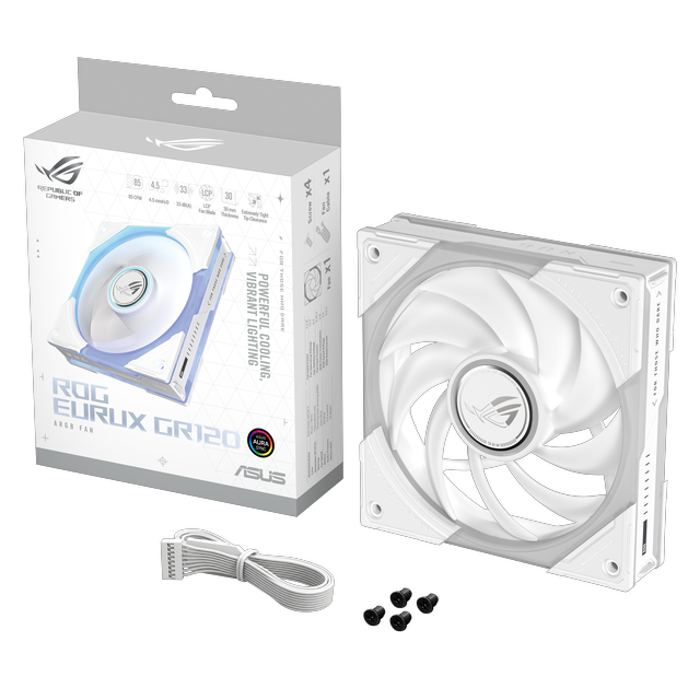 Alt view image 20 of 20 - ASUS ROG Eurux GR120 ARGB Fan Single Pack, Black, 120mm, 30mm Thick, Up to 2600 RPM PWM, 85 CFM, 4.5 mmH2O, 33 dBA Max, Aura Sync