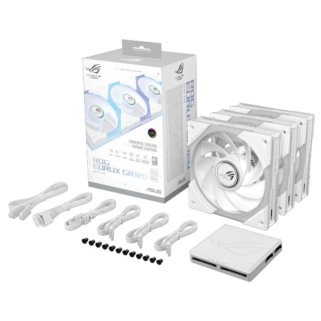 Alt view image 19 of 19 - ASUS ROG Eurux GR120 ARGB Fan Triple Pack, 120mm, 30mm Thick, Up to 2600 RPM PWM, 85 CFM, 4.5 mmH2O, 33 dBA Max, LCP Blades, Daisy Chain Connectors, 3 Lighting Zones, ROG Fan Hub Included, Aura Sync, Black