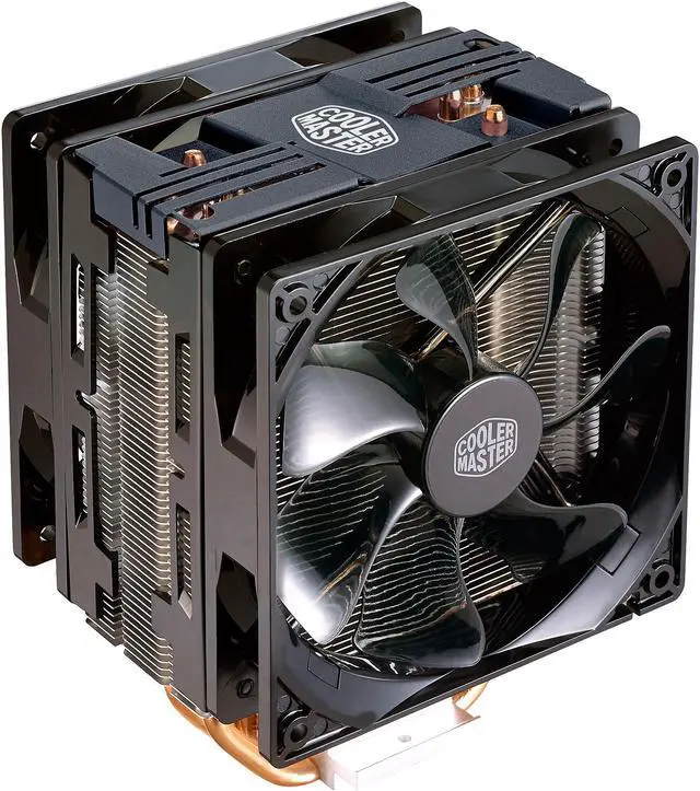 Main image of Hyper 212 LED Turbo- Black Top Cover is equipped with dual 120mm PWM Fans with red LEDs by Cooler Master
