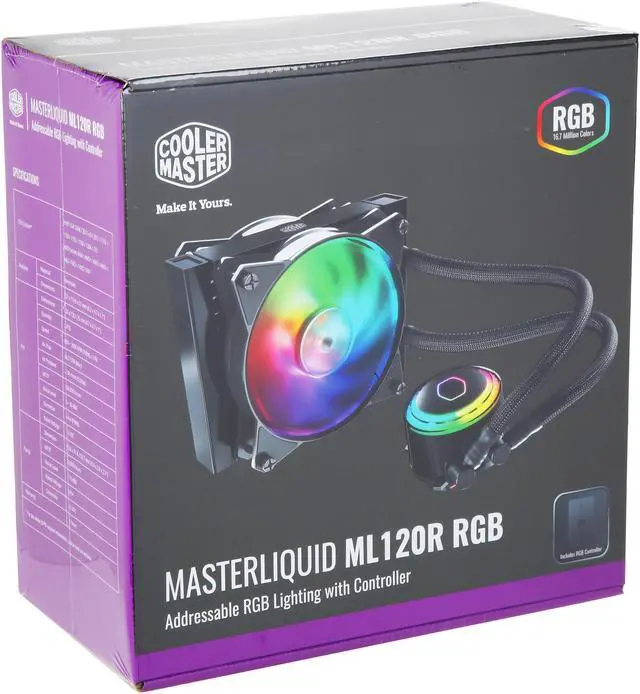 Alt view image 9 of 9 - Cooler Master MasterLiquid ML120R ARGB Close-Loop AIO CPU Liquid Cooler, 120 Radiator, Dual Chamber Pump, Addressable RGB Lighting , MF120R Fans for AMD Ryzen/Intel LGA1200/1151 LGA 1700 Compatible
