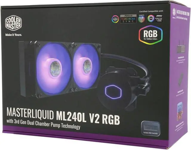 Alt view image 12 of 12 - CoolerMaster MasterLiquid ML240L RGB V2, Close-Loop AIO CPU Liquid Cooler, Dual SickleFlow 120mm, RGB Lighting, 3rd Gen Dual Chamber Pump for AMD Ryzen/Intel LGA1200/1151 LGA 1700 Compatible