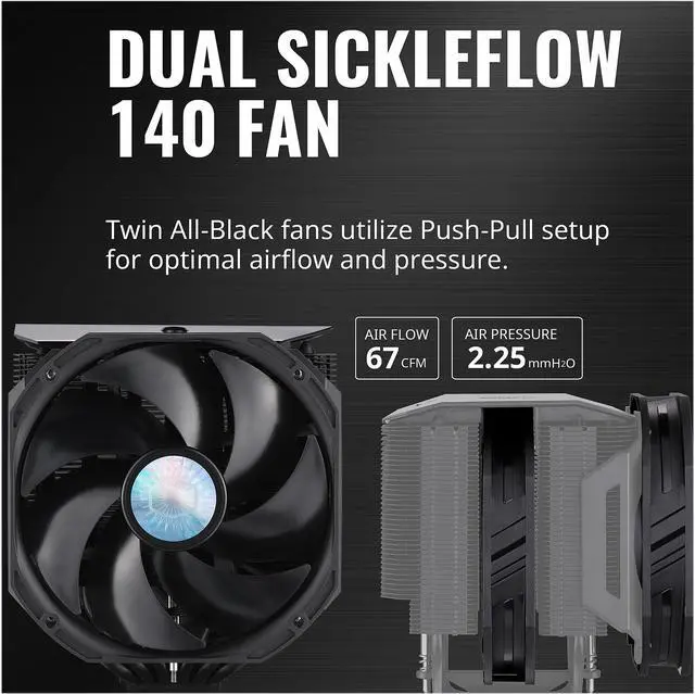 Alt view image 13 of 15 - Cooler Master MasterAir MA624 Stealth CPU Air Cooler, 6 Heat Pipes, Nickel Plated Base, Dual Tower Aluminum Black Fins, Dual SickleFlow 140mm Fans for AMD Ryzen/Intel 1200/1151 LGA 1700 Compatible