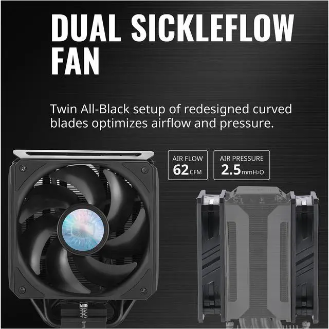 Alt view image 11 of 15 - Cooler Master MasterAir MA612 Stealth CPU Air Cooler, 6 Heat Pipes, Nickel Plated Base, Aluminum Black Fins, Push-Pull, Dual SickleFlow Fans for AMD Ryzen/Intel 1200/1151 LGA 1700 Compatible