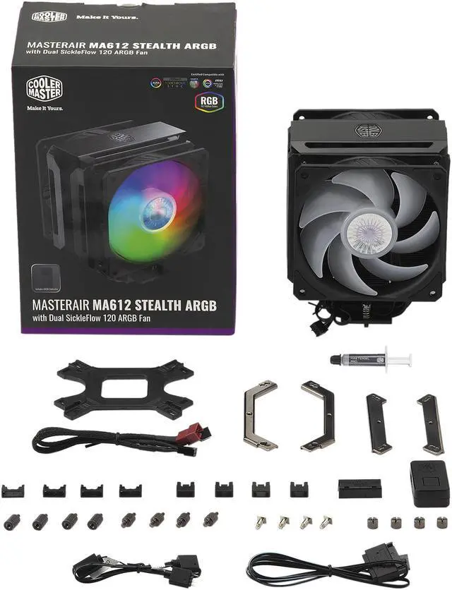 Alt view image 10 of 16 - Cooler Master MasterAir MA612 Stealth ARGB CPU Air Cooler, 6 Heat Pipes, Nickel Plated Base, Aluminum Black Fins, Push-Pull, Dual SickleFlow Fans for AMD Ryzen/Intel 1200/1151 LGA 1700 Compatible