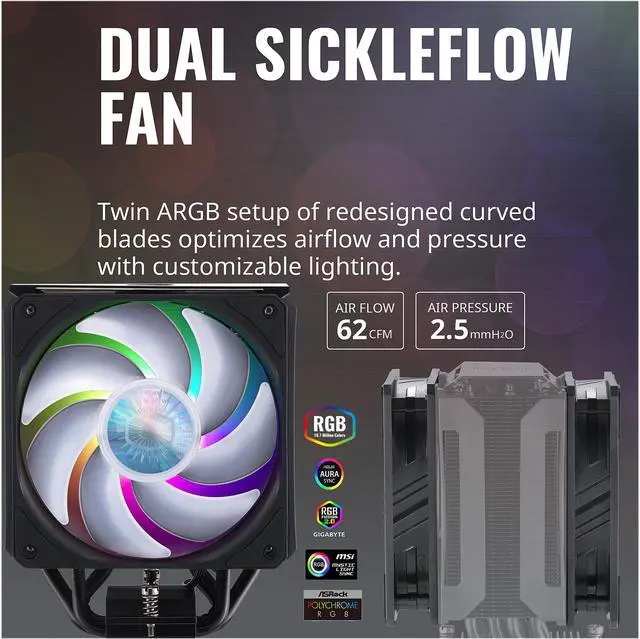 Alt view image 11 of 16 - Cooler Master MasterAir MA612 Stealth ARGB CPU Air Cooler, 6 Heat Pipes, Nickel Plated Base, Aluminum Black Fins, Push-Pull, Dual SickleFlow Fans for AMD Ryzen/Intel 1200/1151 LGA 1700 Compatible