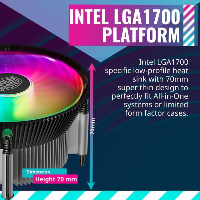 Alt view image 5 of 10 - Cooler Master i70C LGA1700 ARGB Intel Low-Profile CPU Air Cooler, Anodized Black Aluminum Fins, Copper Insert Base, 95W TDP CPU Support, 120mm ARGB 3-Pin Fan for Intel LGA 1851/1700