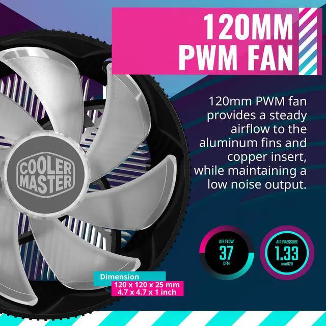 Alt view image 7 of 10 - Cooler Master i70C LGA1700 ARGB Intel Low-Profile CPU Air Cooler, Anodized Black Aluminum Fins, Copper Insert Base, 95W TDP CPU Support, 120mm ARGB 3-Pin Fan for Intel LGA 1851/1700