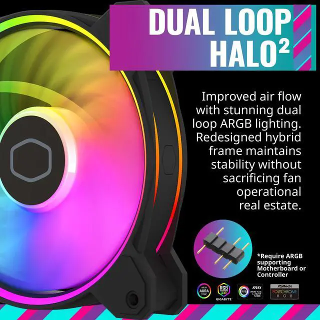 Alt view image 3 of 13 - Cooler Master MasterFan MF120 Halo² PC Case|Liquid Cooler|Air Cooler Fan, Dual Loop Gen 2 ARGB LEDs Rings, Dynamic PWM 120mm 2,050 RPM, Air Balance Blades, Hybrid Frame (MFL-B2DN-21NP2-R2)