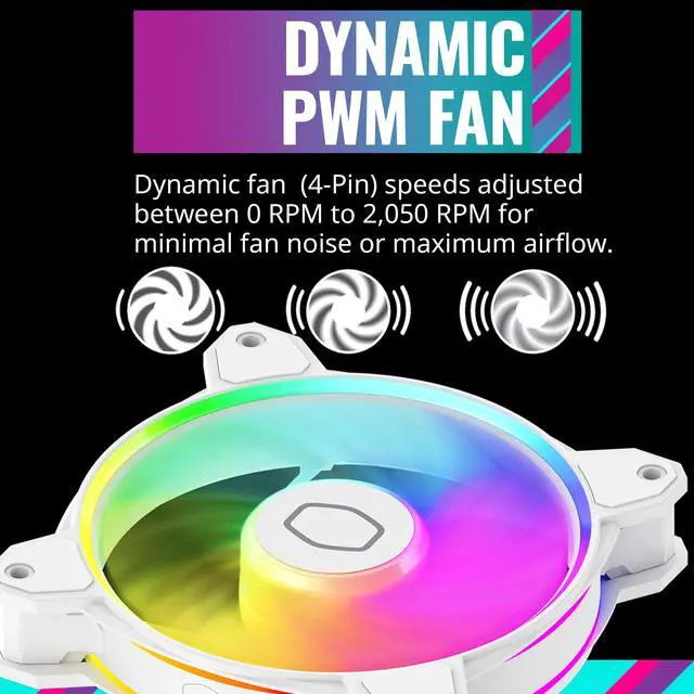 Alt view image 7 of 13 - Cooler Master MasterFan MF120 Halo² White PC Case|Liquid Cooler|Air Cooler Fan, Dual Loop Gen 2 ARGB LEDs Rings, Dynamic PWM 120mm 2,050 RPM, Air Balance Blades, Hybrid Frame (MFL-B2DW-21NP2-R2)