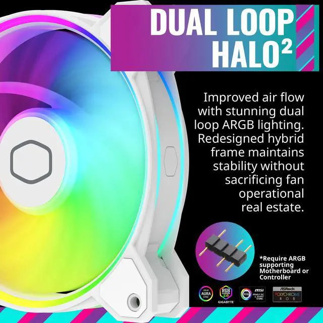 Alt view image 3 of 13 - Cooler Master MasterFan MF140 Halo² White PC Case|Liquid Cooler|Air Cooler Fan, Dual Loop Gen 2 ARGB LEDs Rings, Dynamic PWM 140mm 1,600 RPM,Air Balance Blades, Hybrid Frame (MFL-B4DW-16NP2-R2)