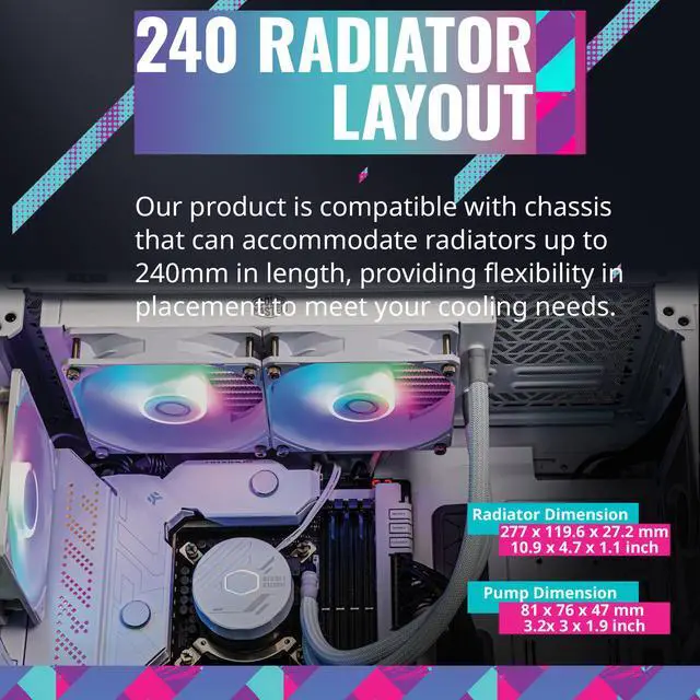 Alt view image 7 of 13 - Cooler Master MasterLiquid 240L Core White 240mm Close-Loop AIO Liquid Cooler, ARGB Sync, Gen S Coldplate Pump, 120mm PWM, CryoFuze 14W/mK, AMD AM5/AM4, Intel LGA 1851/1700/1200 (MLW-D24M-A18PZ-RW)