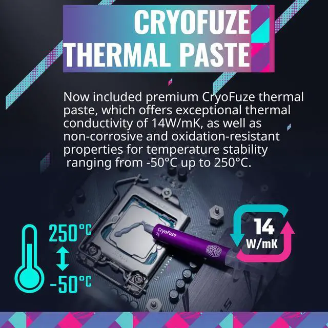 Alt view image 4 of 13 - Cooler Master MasterLiquid 360L Core White 360mm Close-Loop AIO Liquid Cooler, ARGB Sync, Gen S Coldplate Pump, 120mm PWM, CryoFuze 14W/Mk, AMD Ryzen AM5/AM4, Intel LGA 1851/1700 (MLW-D36M-A18PZ-RW)