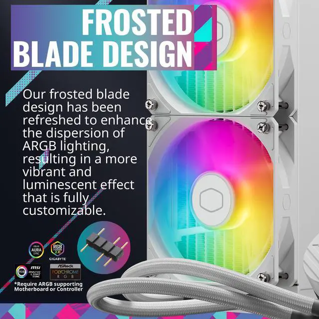 Alt view image 6 of 13 - Cooler Master MasterLiquid 360L Core White 360mm Close-Loop AIO Liquid Cooler, ARGB Sync, Gen S Coldplate Pump, 120mm PWM, CryoFuze 14W/Mk, AMD Ryzen AM5/AM4, Intel LGA 1851/1700 (MLW-D36M-A18PZ-RW)