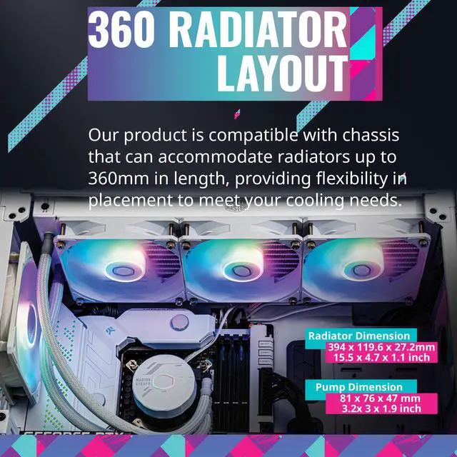 Alt view image 7 of 13 - Cooler Master MasterLiquid 360L Core White 360mm Close-Loop AIO Liquid Cooler, ARGB Sync, Gen S Coldplate Pump, 120mm PWM, CryoFuze 14W/Mk, AMD Ryzen AM5/AM4, Intel LGA 1851/1700 (MLW-D36M-A18PZ-RW)