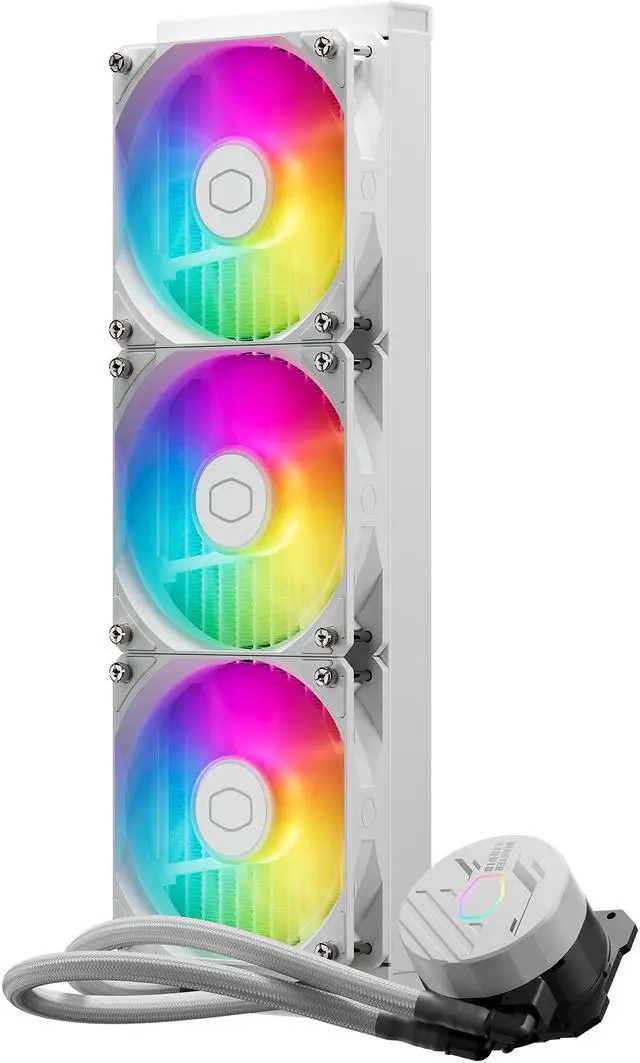 Alt view image 11 of 13 - Cooler Master MasterLiquid 360L Core White 360mm Close-Loop AIO Liquid Cooler, ARGB Sync, Gen S Coldplate Pump, 120mm PWM, CryoFuze 14W/Mk, AMD Ryzen AM5/AM4, Intel LGA 1851/1700 (MLW-D36M-A18PZ-RW)