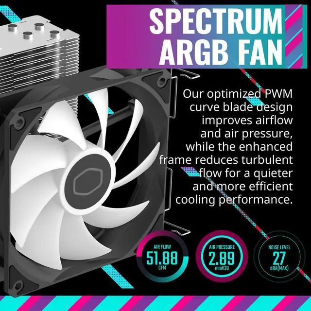 Alt view image 5 of 16 - Cooler Master Hyper 212 Spectrum V3 CPU Air Cooler, ARGB Sync, 120mm PWM Fan, 4 Copper Direct Contact Heat Pipes, 152mm Tall, Brackets AMD Ryzen AM5/AM4, Intel LGA 1851/1700/1200 (RR-S4NA-17PA-R1)