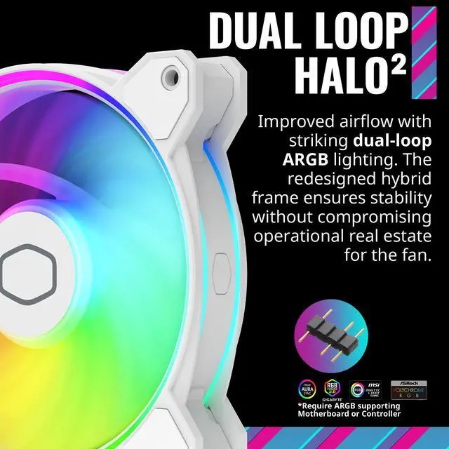 Alt view image 5 of 13 - Cooler Master MasterFan MF120 Halo² White 3in1 PC Case|Liquid Cooler|Air Cooler Fan, Dual Loop Gen 2 ARGB LEDs Rings, Dynamic PWM 120mm 2,050 RPM, Air Balance Blades, Hybrid Frame (MFL-B2DW-213P2-R2)
