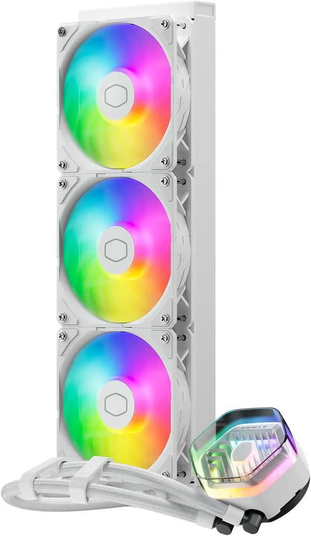Alt view image 2 of 10 - CoolerMaster MasterLiquid 360 Atmos White ARGB Close-Loop AIO Liquid Cooler, Customize Pump, Sickleflow Edge PWM Fans, 360mm Radiator, CryoFuze, AMD Ryzen AM5/AM4, Intel LGA1700 (MLX-D36M-A25PZ-RW)