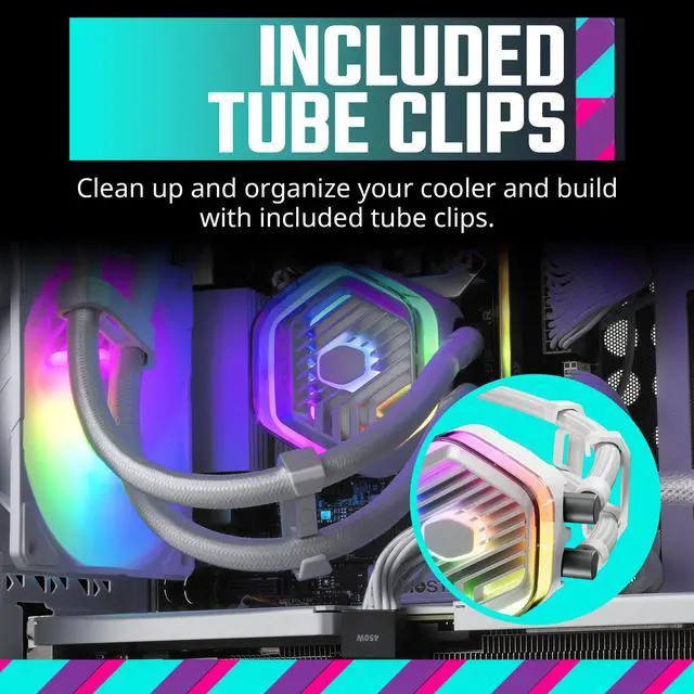Alt view image 9 of 10 - CoolerMaster MasterLiquid 240 Atmos White ARGB Close-Loop AIO Liquid Cooler, Customize Pump, Sickleflow Edge PWM Fans, 240mm Radiator, CryoFuze, AMD Ryzen AM5/AM4, Intel LGA1700 (MLX-D24M-A25PZ-RW)