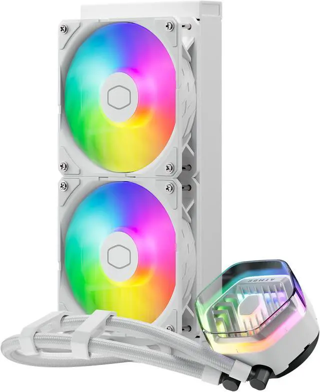Alt view image 2 of 10 - CoolerMaster MasterLiquid 240 Atmos White ARGB Close-Loop AIO Liquid Cooler, Customize Pump, Sickleflow Edge PWM Fans, 240mm Radiator, CryoFuze, AMD Ryzen AM5/AM4, Intel LGA1700 (MLX-D24M-A25PZ-RW)