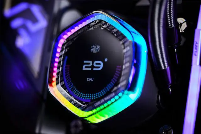 Alt view image 8 of 9 - Cooler Master MasterLiquid 360 ION LCD Display Close-Loop AIO Liquid Cooler, 2.1" LCD Display, Gen X Dual Chamber Pump, Mobius 120P PWM Fans, ARGB Gen 2, 360mm, AMD AM5/AM4, Intel LGA1851/1700/1200