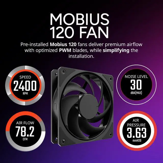 Alt view image 7 of 11 - Cooler Master 240 Atmos Stealth High Performance Close-Loop AIO Liquid Cooler, R9|i7 Dual Chamber Pump, Customize Cover, Mobius 120, AMD Ryzen AM5|4, Intel LGA 1851|1700 Platform