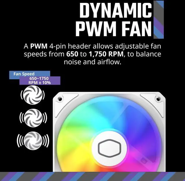 Alt view image 7 of 12 - Cooler Master MF120 Lite White PC Case|Liquid Cooler|Air Cooler Fan, 120mm aRGB lighting, Dynamic PWM 1,750 RPM, Air Balance Blades, Hybrid | PBT Frame