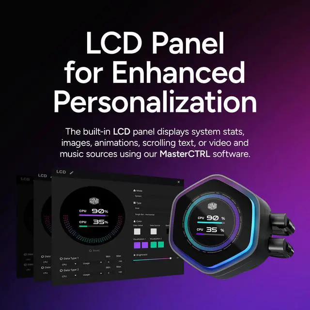 Alt view image 2 of 14 - Cooler Master Atmos II 360 LCD FreeForm 2.0  AIO CPU Liquid Cooler, LCD Panel, Dual Chamber Pump, 400mm Tubing, SickleFlow Edge 360 ARGB PWM, R9|Ultra 9, AMD Ryzen AM5, Intel LGA 1851 Platform