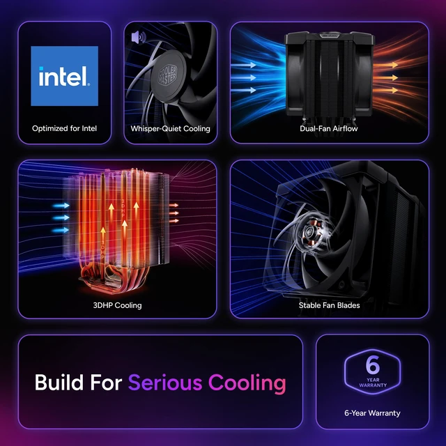 Alt view image 3 of 19 - Cooler Master V8 ACE 3DHP Intel CPU Air Cooler, Single-Tower, Dual PWM Fans, Intel LGA1851 Support Cooler, 3DHP Cooling, LCP Blades, Quiet Dual 120mm PWM Fans, Single-Tower Design, Easy Installation