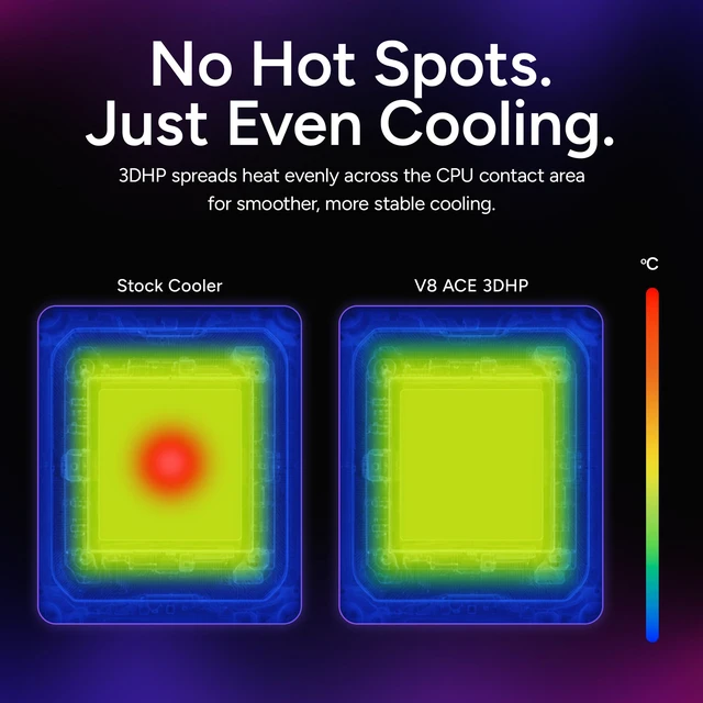 Alt view image 6 of 19 - Cooler Master V8 ACE 3DHP Intel CPU Air Cooler, Single-Tower, Dual PWM Fans, Intel LGA1851 Support Cooler, 3DHP Cooling, LCP Blades, Quiet Dual 120mm PWM Fans, Single-Tower Design, Easy Installation