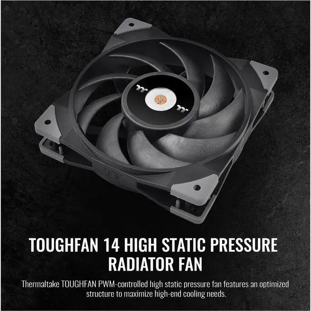 Alt view image 2 of 6 - Thermaltake TOUGHFAN 14 Black PWM 500 - 2000 RPM Controlled High Static Pressure 140mm Circular Radiator Fan with Anti-Vibration Mounting System Cooling, (2 Fan Pack), CL-F085-PL14BL-A