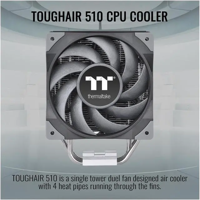 Alt view image 2 of 6 - Thermaltake TOUGHAIR 510 180W TDP CPU Cooler, Intel/AMD Universal Socket (LGA 1200/1700), Dual 120mm 2000RPM High Static Pressure PWM Fan with High Performance Copper Heat Pipes LGA 1700 Ready