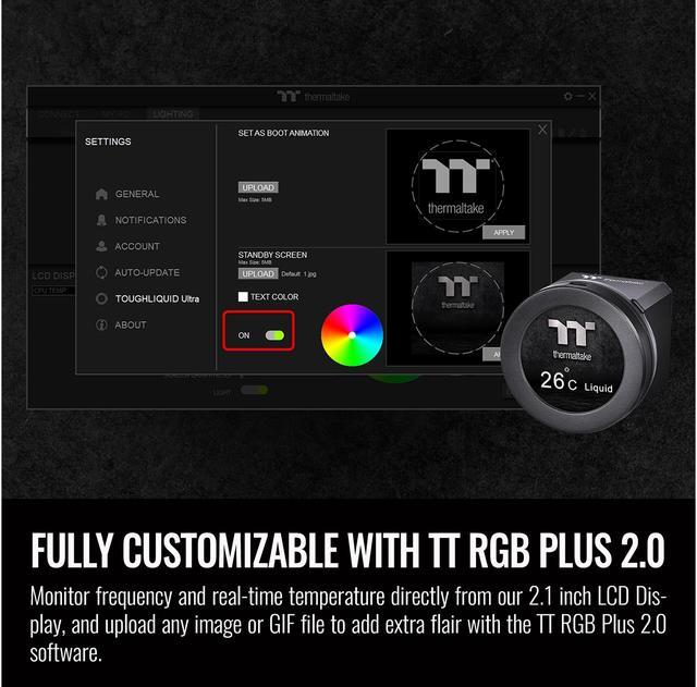 Alt view image 6 of 6 - Thermaltake TOUGHLIQUID Ultra 240 LGA1700 Ready All-in-One Liquid CPU Cooler, 2.1 Inch Rotational LCD Display, 2500 RPM Radiator Fan, TT RGB Plus/Alexa/Razer Chroma Software Enabled, CL-W322-PL12GM-B