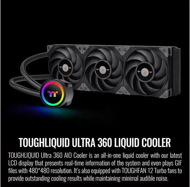Alt view image 2 of 6 - Thermaltake TOUGHLIQUID Ultra 360 LGA1700 Ready All-in-One Liquid CPU Cooler, 2.1 Inch Rotational LCD Display, 2500 RPM Radiator Fan, TT RGB Plus/Alexa/Razer Chroma Software Enabled, CL-W323-PL12GM-B
