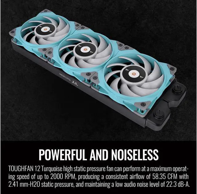 Alt view image 4 of 6 - Thermaltake ToughFan 12 Turquoise High Static Pressure 2000 PWM, Metal-Reinforced Motor Hub, Gen.2 Hydraulic Bearing 120mm Case/Radiator Fan CL-F117-PL12TQ-A