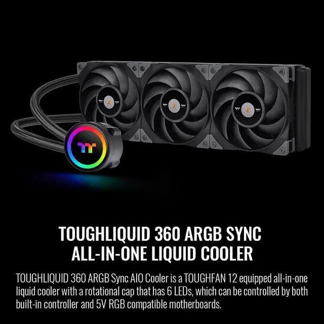 Alt view image 5 of 6 - Thermaltake TOUGHLIQUID 360 ARGB Motherboard Sync All-in-One Liquid CPU Cooler, AMD (AM4) / Intel (LGA 1700/1200), 360mm High Efficiency Radiator CL-W321-PL12BL-B