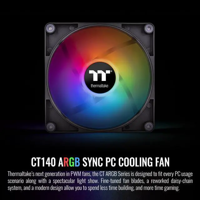 Alt view image 2 of 6 - Thermaltake CT140 ARGB Sync PC Cooling Fan (2-Fan Pack), 5V Motherboard Sync, 16.8 Million Colors 9 Addressable LEDs, 140 mm Hydraulic Bearing Case/Radiator Fan, CL-F150-PL14SW-A
