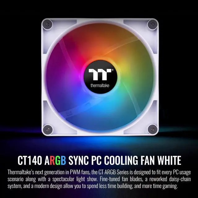 Alt view image 2 of 6 - Thermaltake CT140 ARGB Sync PC Cooling Fan White (2-Fan Pack), 5V Motherboard Sync, 16.8 Million Colors 9 Addressable LEDs, 140 mm Hydraulic Bearing Case/Radiator Fan, CL-F154-PL14SW-A