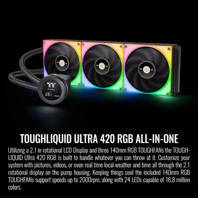 Alt view image 2 of 6 - Thermaltake TOUGHLIQUID Ultra 420 RGB CPU Liquid Cooler, AMD(AM5/AM4) Intel(LGA 1700/1200), 2.1 Inch Rotational LCD Display 2000RPM Radiator Fan, TT RGB Plus 2.0. Software, CL-W370-PL14SW-A